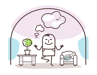 Cartoon Yoga man, Contained at home, dreaming of fresh Air