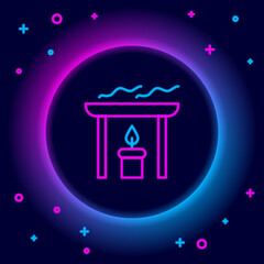 Glowing neon line Aroma candle icon isolated on black background. Colorful outline concept. Vector