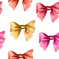 Bright colorful gift bows watercolor seamless pattern. Template for decorating designs and illustrations.