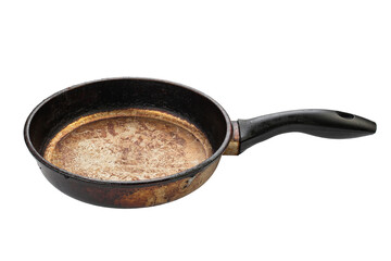Dirty old frying pan on white background.