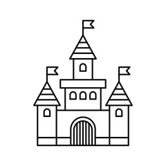 Castle icon. Black contour linear silhouette. Front view. Vector flat graphic illustration. The isolated object on a white background. Isolate.