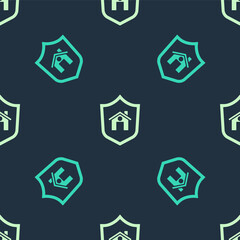 Green and beige House with shield icon isolated seamless pattern on blue background. Insurance concept. Security, safety, protection, protect concept. Vector