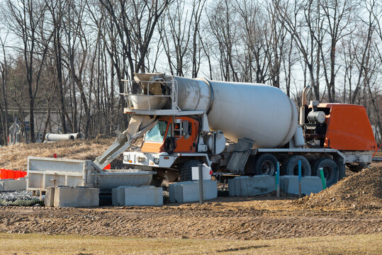 foundation from cement to a new building ground truck mixer hard working