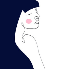 Portrait of a woman with a pen on the side with dark blue hair and a pink cheek art
