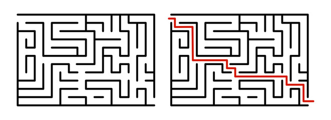 Abstract maze. Find right way. Isolated simple square maze black line on white background. Vector illustration.