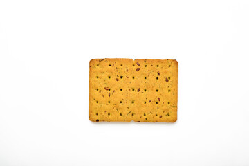 Cracker with flax seeds and oat bran rectangular shape for healthy, dietary and balanced diet isolated on white background. Snack for proper nutrition.