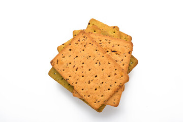 Cracker with flax seeds and oat bran rectangular shape for healthy, dietary and balanced diet isolated on white background. Snack for proper nutrition.