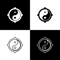 Set Yin Yang symbol of harmony and balance icon isolated on black and white background. Vector