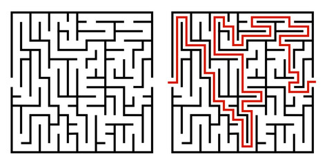 Abstract maze. Find right way. Isolated simple square maze black line on white background. Vector illustration.
