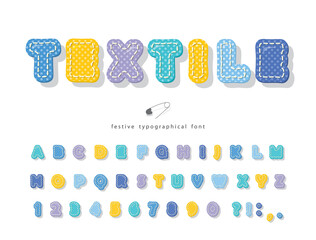 Polka dots cartoon font. Funny textile alphabet. Vector