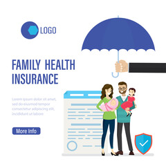 Family health insurance, landing page template. Happy parents with healthy children. Hand holds big umbrella. Insurance contract,