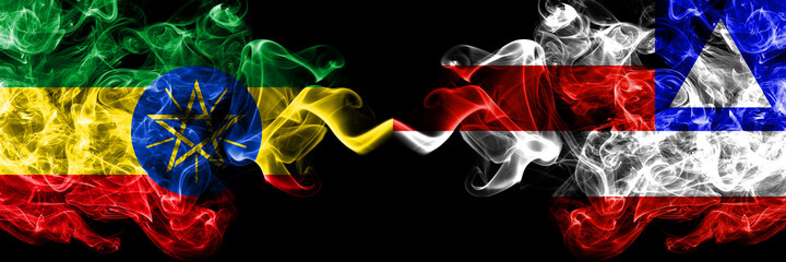 Ethiopia, Ethiopian vs Brazil, Brazilian, Bahia smoky mystic flags placed side by side. Thick colored silky abstract smoke flags.