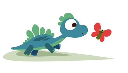 Baby dinosaur playing with a butterfly. The isolated object on a white background. Cheerful kind animal child. Cartoons flat style. Prehistoric reptile. Illustration vector