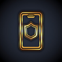 Gold Smartphone, mobile phone with security shield icon isolated on black background. Security, safety, protection concept. Vector