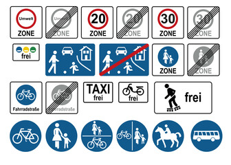 Verkehrsschilder Set. Sonderwege, Verkehrsberuhigte Zonen und Umweltzone.