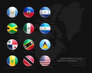 North America Countries Flags Vector 3D Glossy Icons Set Isolated On Black Background Part 2. American Official National Flags Vivid Bright Color Bulging Round Buttons Design Elements Collection