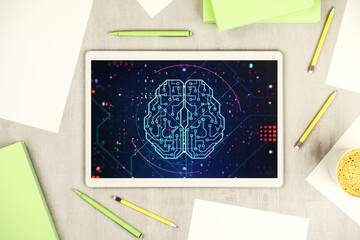 Creative artificial Intelligence concept with human brain sketch on modern digital tablet display. Top view. 3D Rendering