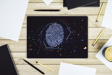 Abstract creative fingerprint illustration on modern digital tablet monitor, digital access concept. Top view. 3D Rendering