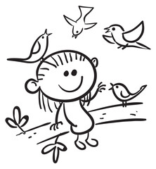 Girl Playing with Birds line art illustration