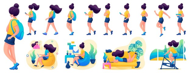 Presentation in various poses and actions character. Young Girl. 2D Flat character vector illustration N2