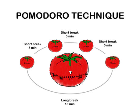 Art design red tomatoes on white background pomodoro time manage concept for business presentation or online article. Explanation Pomodoro technique time management method.