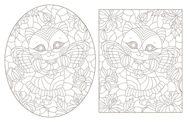 Set of contour illustrations in stained glass style with kittens fairies and flowers, dark outlines on a white background