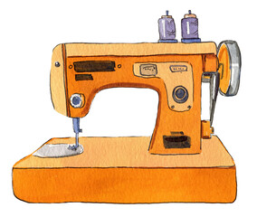 Watercolor illustration of a yellow sewing machine, on white background