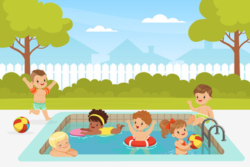 Excited Kids in Swimming Pool Splashing in Water Enjoying Summer Leisure Activity Vector Illustration