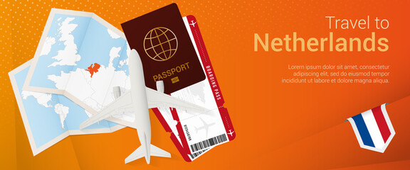 Travel to Netherlands pop-under banner. Trip banner with passport, tickets, airplane, boarding pass, map and flag of Netherlands.