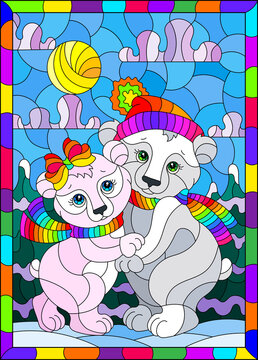 Stained glass illustration with a pair of cute cartoon polar bears against a winter landscape, a rectangular image in a bright frame