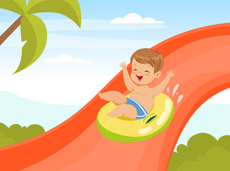 Obraz na płótnie Canvas Happy Boy in Swimwear in Water Park Sliding Down on Rubber Ring Enjoying Summer Camp Activity Vector Illustration