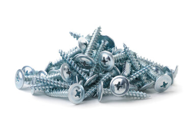 Heap of steel screws for metal on a white background. Isolated