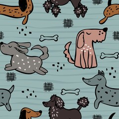 Childish seamless pattern with hand drawn dogs. Trendy scandinavian vector background. Perfect for kids apparel,fabric, textile, nursery decoration,wrapping paper