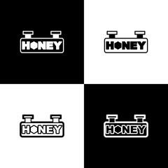 Set Hanging sign with honeycomb isolated on black and white background. Signboard icon. Honey cells symbol. Sweet natural food. Vector