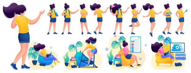 Young girl in various poses and actions, communication, work, training. 2D flat character vector illustration N5