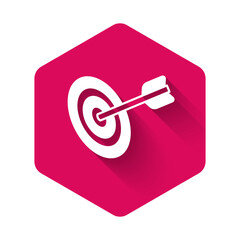 White Target financial goal concept icon isolated with long shadow background. Symbolic goals achievement, success. Pink hexagon button. Vector