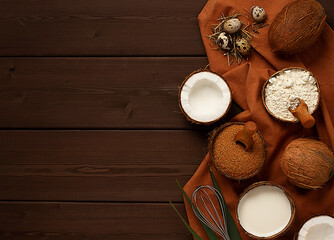  Coconut sugar, milk, flour, in a bowl of coconut, on a wooden brown background, top view,