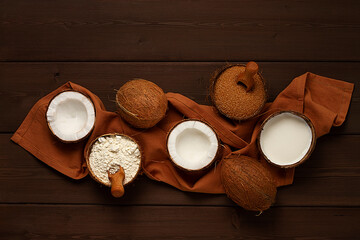  Coconut sugar, milk, flour, in a bowl of coconut, on a wooden brown background, top view,