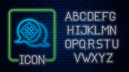 Glowing neon Target financial goal concept icon isolated on brick wall background. Symbolic goals achievement, success. Neon light alphabet. Vector