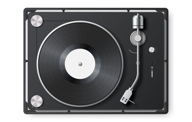 Fototapeta premium Realistic vinyl record player. 3d detailed vintage turntable with vinyl record. Retro gramophone LP record. Top view. Sound equipment. Concept for sound, entertainment. Vector illustration