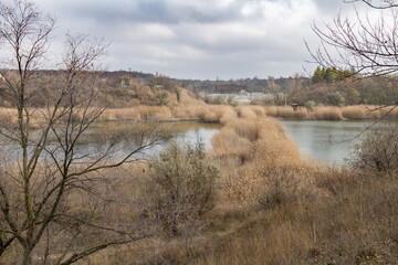 Drainage reservoir in a clay quarry. Zaporizhzhia region, Ukraine. November 2017