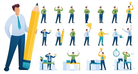 Set of BusinessMan. Presentation in various in various poses and actions. 2D Flat character vector illustration N7