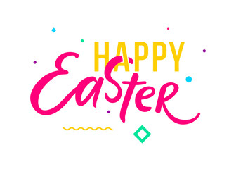 Happy Easter card hand written greeting card text template isolated on white background. Modern geometric background