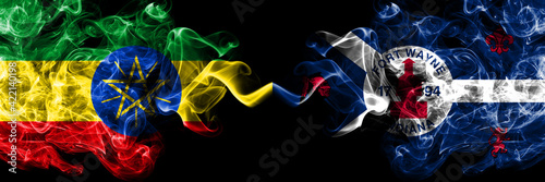 Ethiopia, Ethiopian vs United States of America, America, US, USA, American, Fort Wayne, Indiana smoky mystic flags placed side by side. Thick colored silky abstract smoke flags.