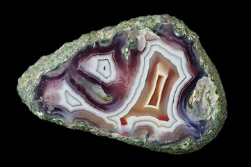 A cross section of the agate stone. Multicolored silica rings colored with metal oxides are visible. Origin: Rudno near Krakow, Poland.