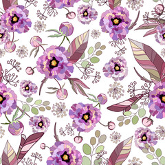 Vintage floral background. Elegance seamless pattern with watercolor flower peony, roses, eucalyptus leaves. Pink, purple blooming background. Vector illustration