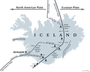 Geology of Iceland, gray political map. Iceland lies on the divergent boundary between Eurasian plate and North American plate. Map with volcanic zones and belts, ridges and main volcanoes. Vector. © Peter Hermes Furian