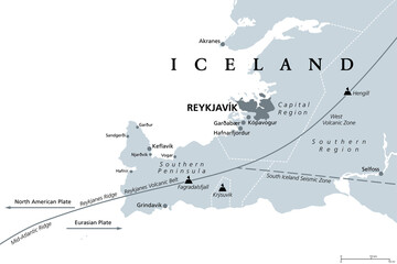 Geology of the Capital Region and Southern Peninsula of Iceland, gray political map. Reykjavik and vicinity, with Reykjanes Peninsula. Map with volcanic zones and belts, ridges and volcanoes. Vector. - obrazy, fototapety, plakaty