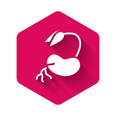 White Sprout icon isolated with long shadow background. Seed and seedling. Leaves sign. Leaf nature. Pink hexagon button. Vector