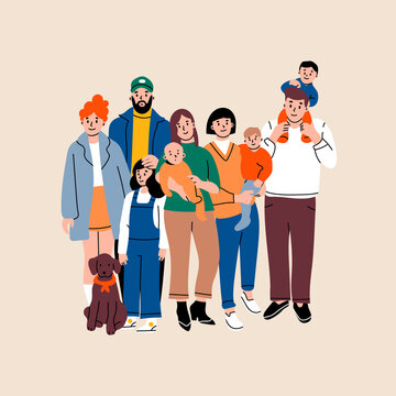 Happy Big Family portrait. Mother, Father, aunt, uncle with their Kids, nephews and dog. Hand drawn colored Vector illustration. Children with Parents and relatives. Togetherness,  parenting concept